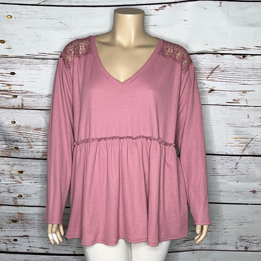 Torrid 3 Dusty Rose - Floral Crochet Lace Ruffle Waist Thermal Waffle Knit Top